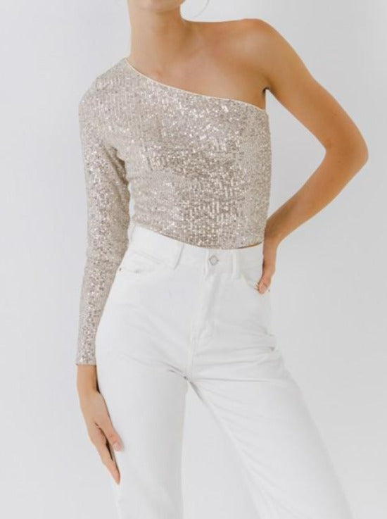 White sequin one shoulder top Clearance