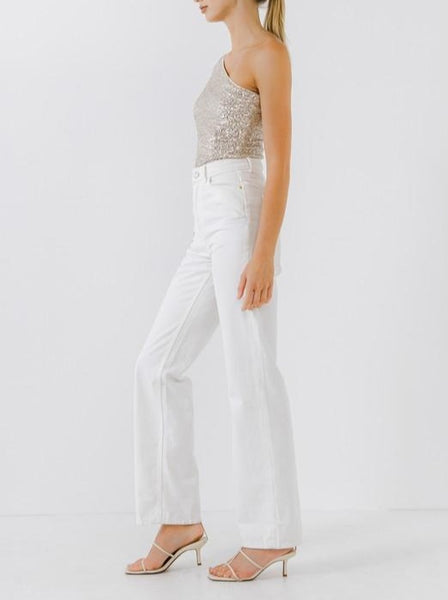 Lauren Sequin One Shoulder Crop Top Champagne