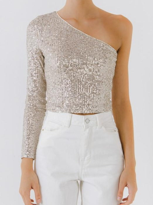 Lauren Sequin One Shoulder Crop Top Champagne