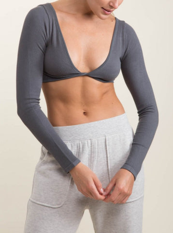 Rina Ribbed Seamless Twist Front Top Grey