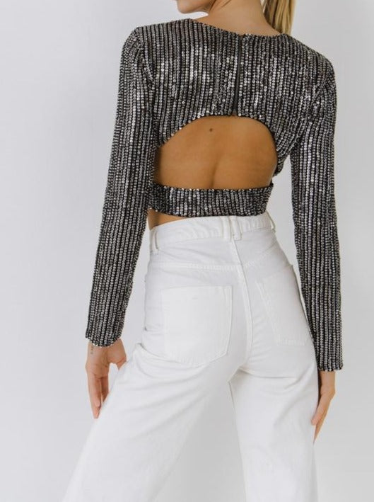 Zenny Cropped Open Back Sequins Top
