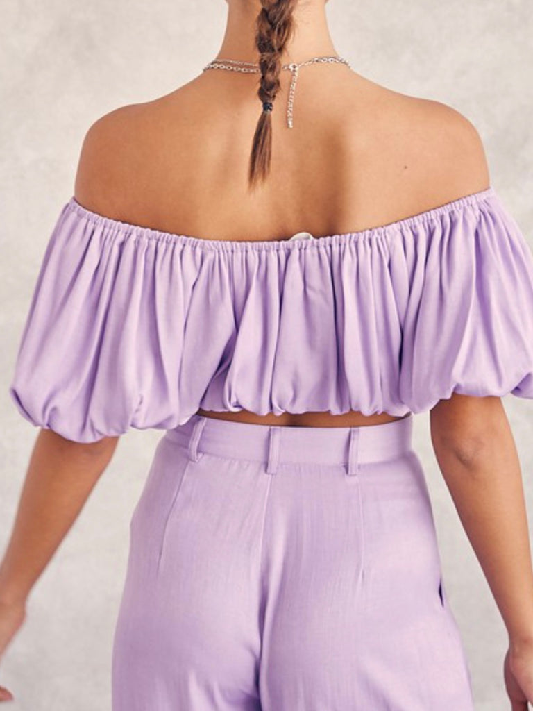 Brandi Off Shoulder Bubble Hem Crop Top Lilac – shopvdlp