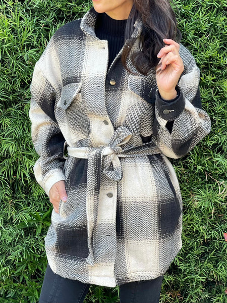 Emily Belted Plaid Shacket Brown