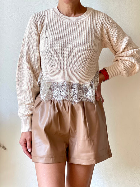 Amelia Lace Trim Sweater Taupe