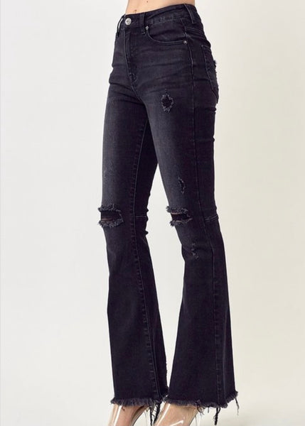 Bebe Distressed High Rise Flare Jeans