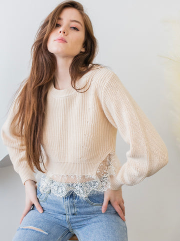 Amelia Lace Trim Sweater Taupe