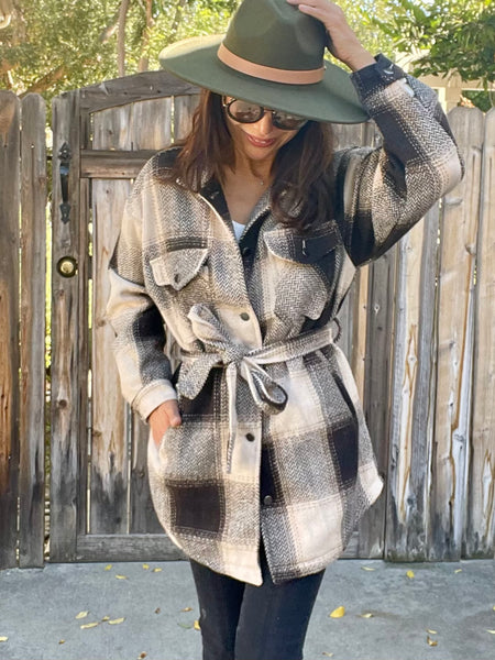 Emily Belted Plaid Shacket Brown