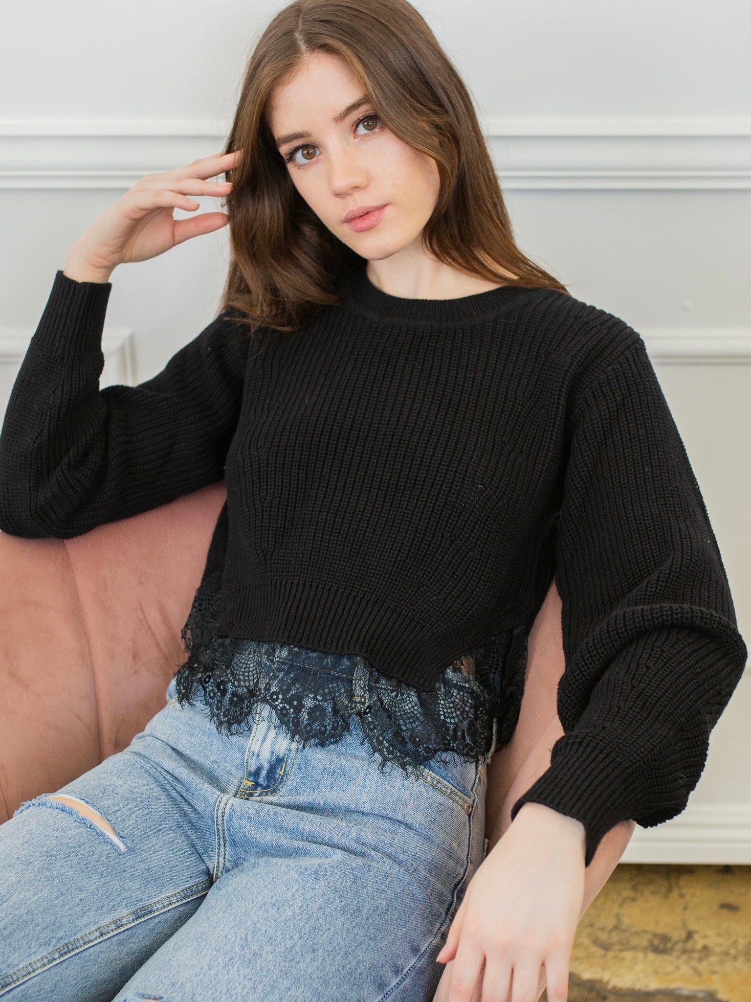 Amelia Lace Trim Sweater Black